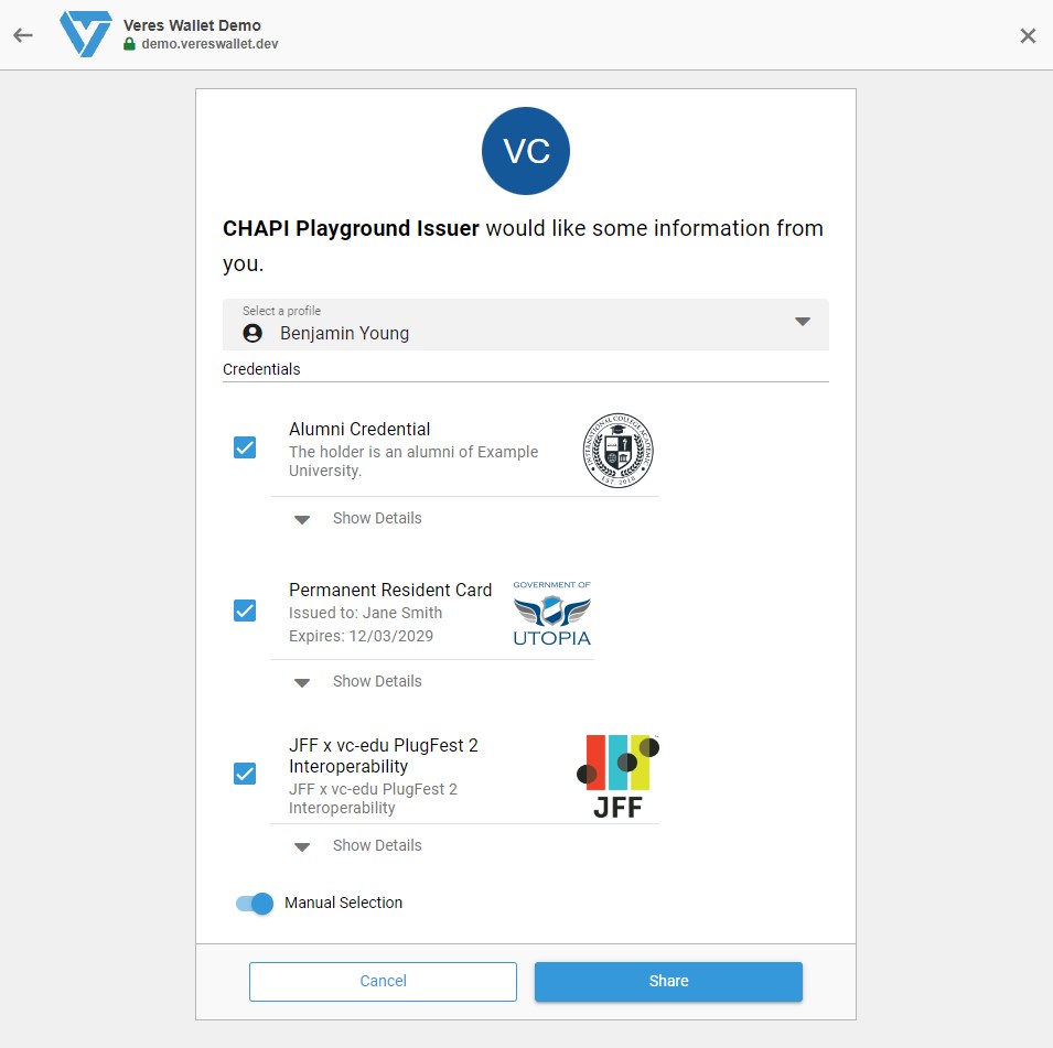 Multiple credentials listed within the Veres Demo Wallet are ready for selection. A Share button is available to send credential information to the Verifier.