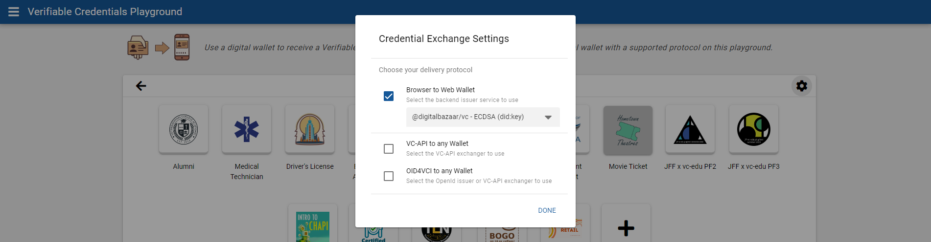 The credential exchange settings dialog box