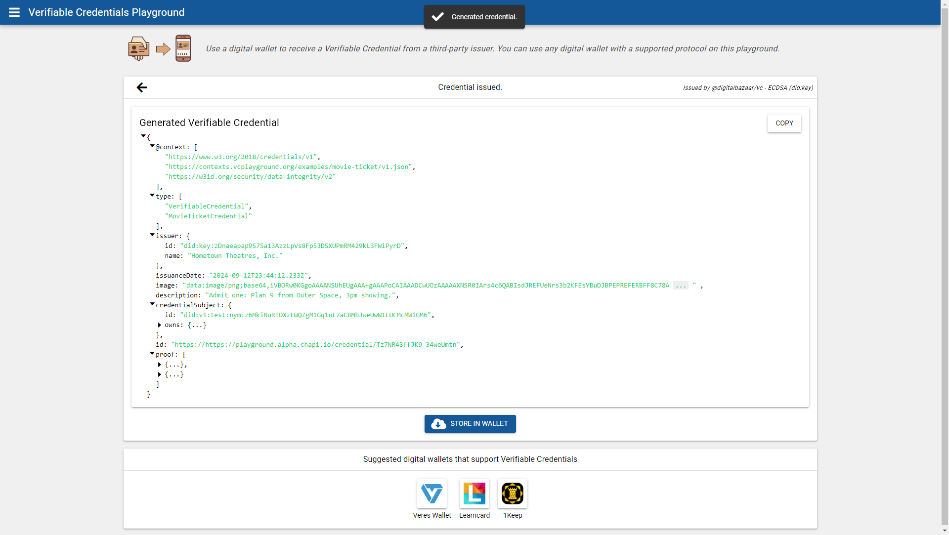 JSON of the issued Movie Ticket credential