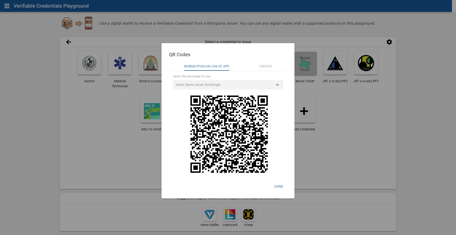 Dialog showing three QR Code options: Multiple Protocols, OID4VCI, and VC-API