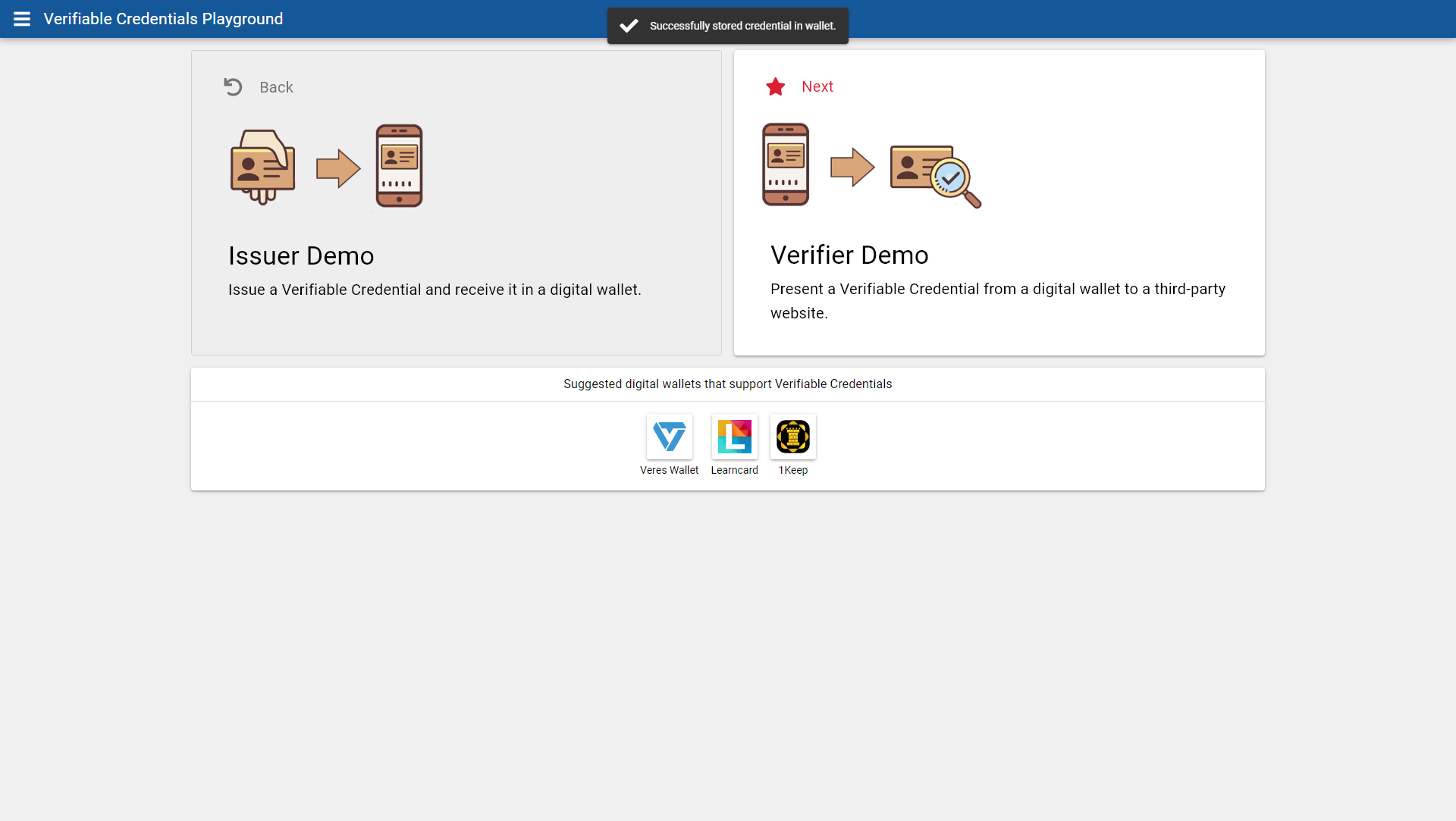 VC Playground home page showing notification that the credential was successfully stored in the chosen wallet